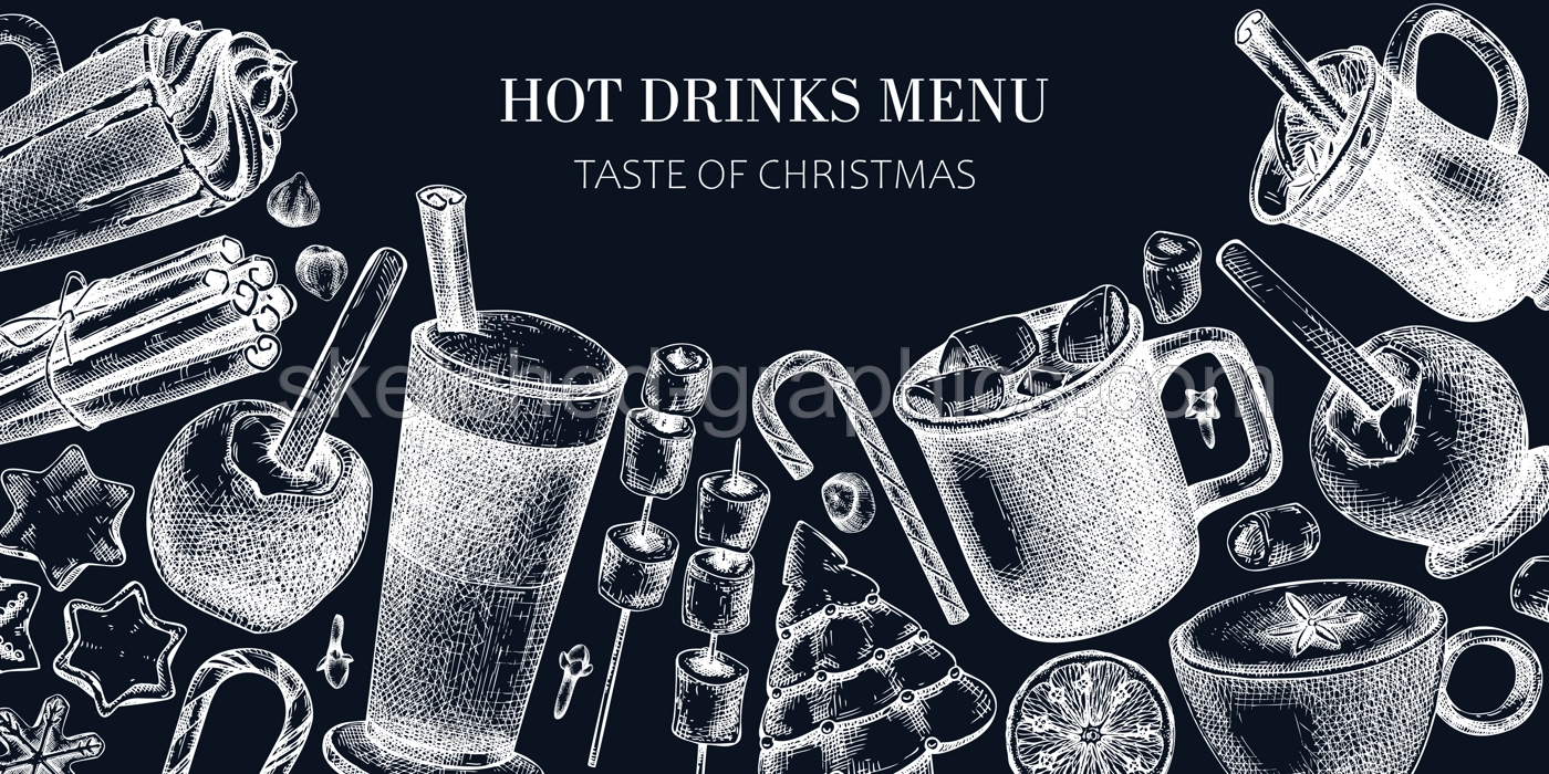 Hot drinks menu design. Mulled wine, coffee, hot chocolate, cocoa vector sketches. Christmas design template. Winter drinks and sweets frame template. Vintage food background on chalkboard Illustration